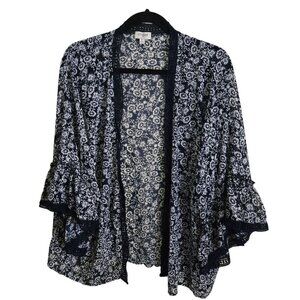 Umgee Navy White Floral Crochet Lace Trim Large Ruffle Sleeve Kimono Size M
